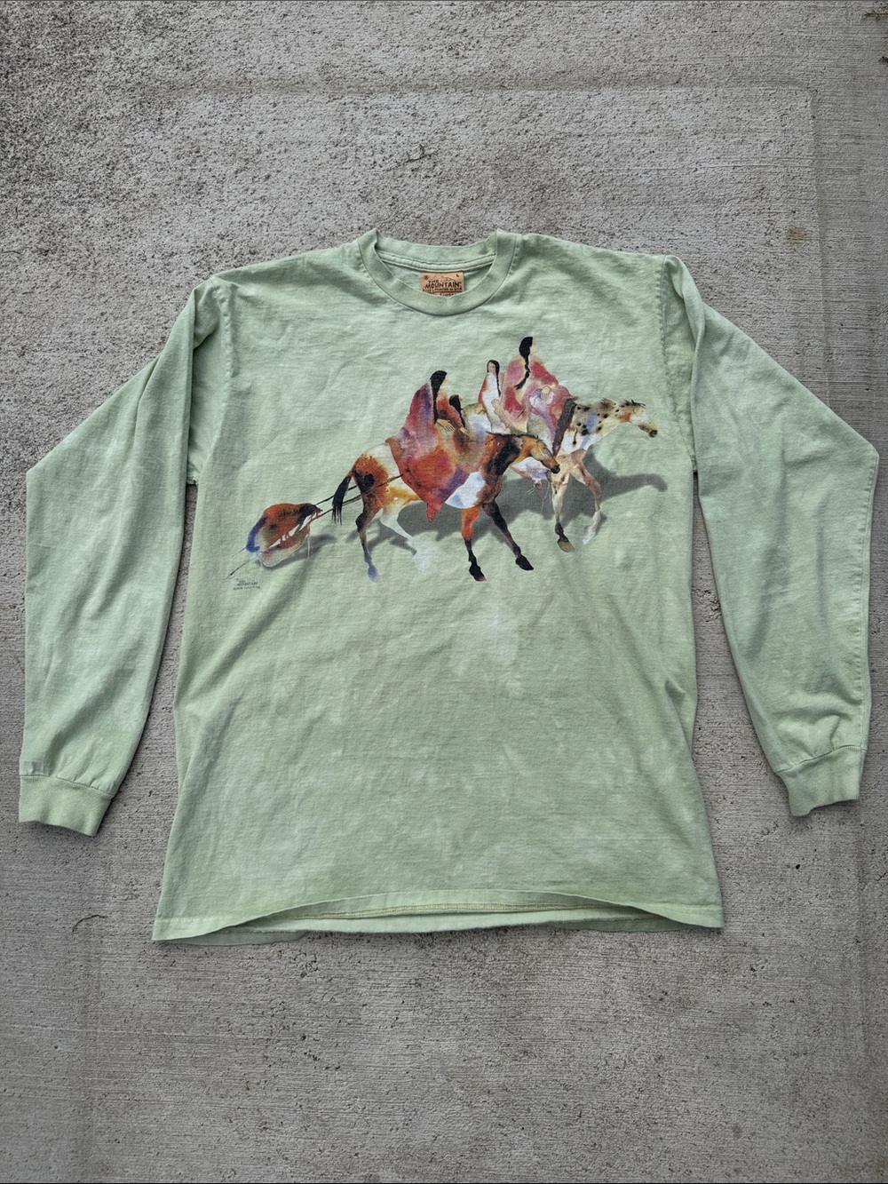 The Mountain Y2K Light Green Long-Sleeve Graphic Tee with Equestrian Art
